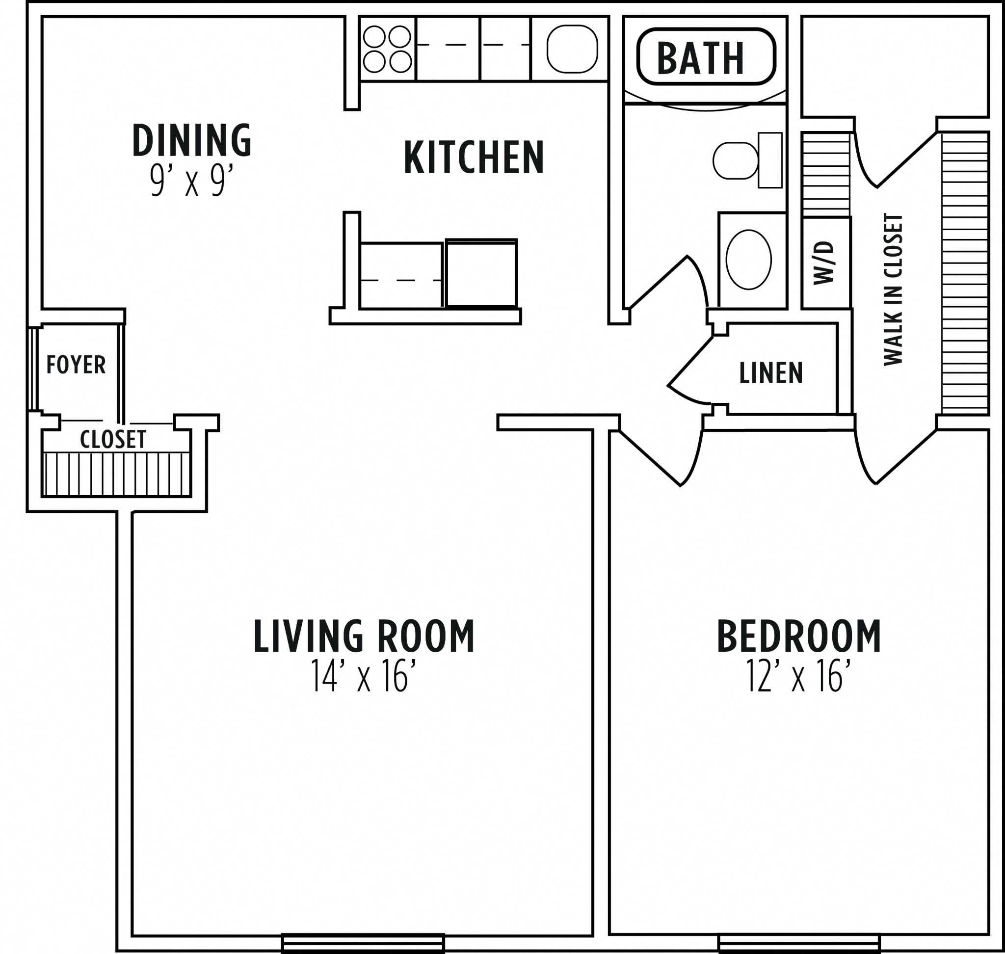 Floor plan for 1 bed, 1 bath, 775 sqft